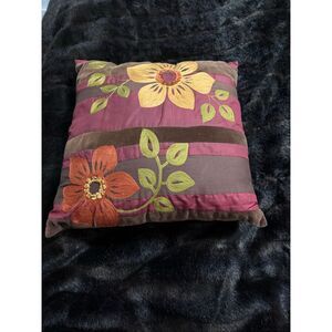 Pier 1 Imports Embroidered Orange Yellow Green Flowers Throw Pillow 18”x18”